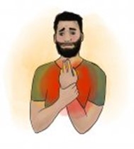 Ein Mann hält sein Handgelenk. Um das Handgelenk herum werden die Schmerzen durch rotes Leuchten symbolisiert.